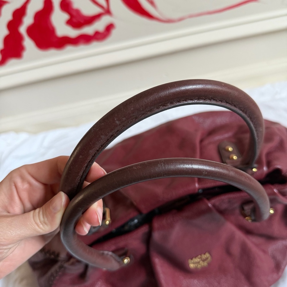 MCM Burgundy Maroon Leather Two Way Satchel Bag Leather Colon Hobo Medium - Picture 6 of 10
